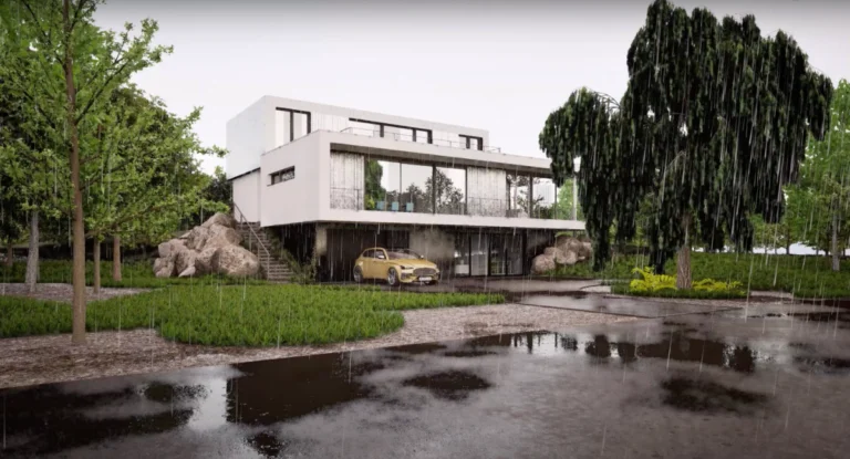 Rendu 3D d’une maison contemporaine en pleine nature sous la pluie avec effets de reflets et végétation humide