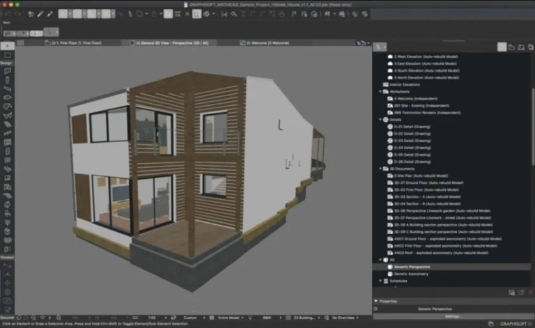 Capture d’écran d’un projet architectural modélisé dans Archicad en mode sombre