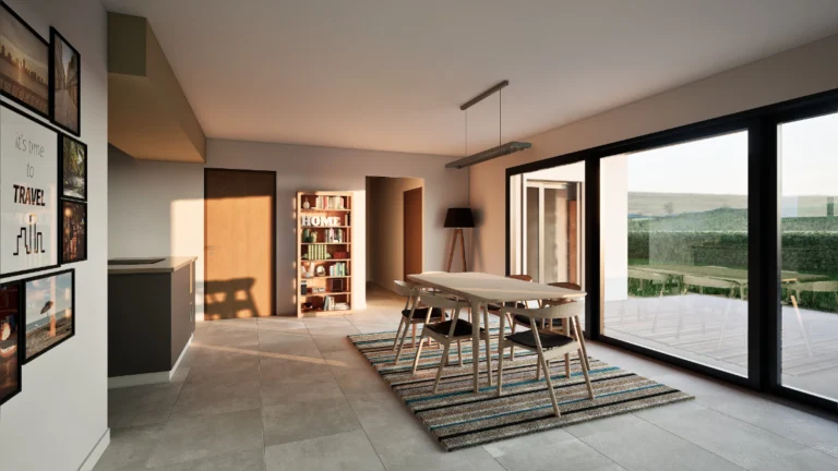 Rendu 3D d’un salon-salle à manger moderne avec baie vitrée, mobilier bois et décoration murale