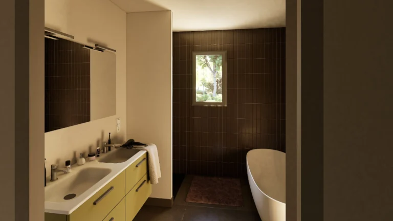 Rendu 3D d’une salle de bain moderne avec meuble vasque, baignoire et carrelage sombre