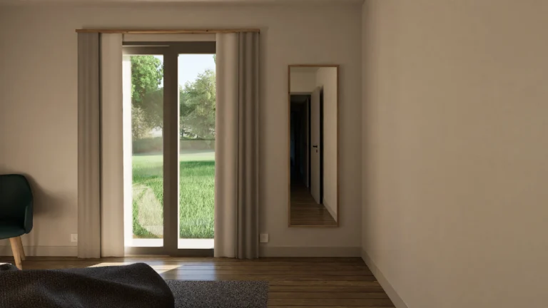 Visualisation 3D d’un aménagement intérieur avec baie vitrée et miroir mural