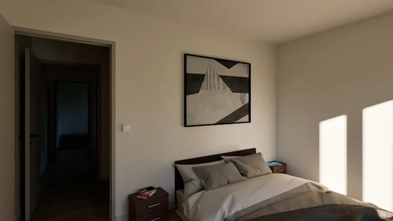 Rendu 3D d’une chambre moderne avec lit double, tables de chevet et décoration murale graphique